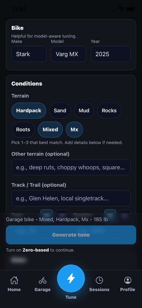 Dialed Offroad - The Dialed Offroad app interface showing bike model selection and riding terrain conditions to generate a custom suspension tune.
