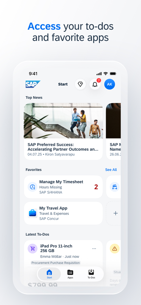 SAP Mobile Start - SAP Mobile Start app interface showing a personalized business dashboard with top news favorite apps and a list of to-do tasks