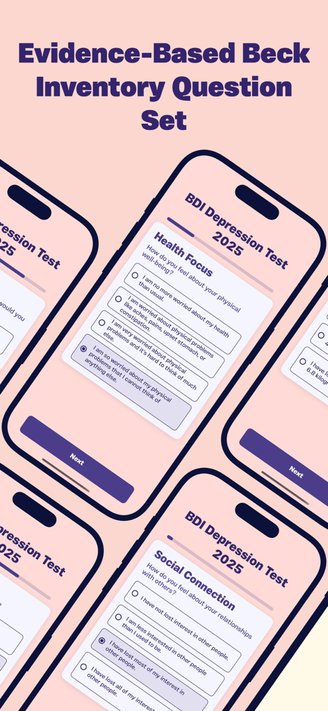 Depression Test App - 증거 기반 벡 우울증 재고 조사 평가 질문을 보여주는 모바일 앱 인터페이스