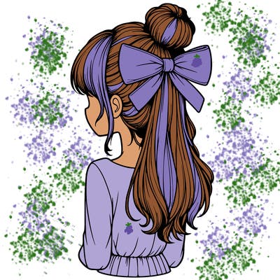 realistic girl  with hip length hair a bun and a big bow on the back of head