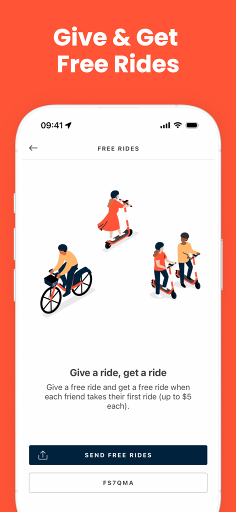 Spin electric scooter app screen for referring friends to earn free rides
