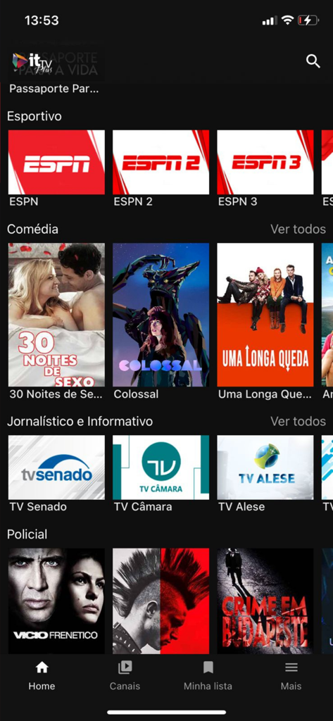 ITTV Plus - Interface do aplicativo móvel ITTV Plus mostrando categorias de esportes, comédia e notícias em português.
