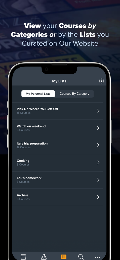 The Great Courses - Mobile app screen of The Great Courses showing personalized lecture lists and categories