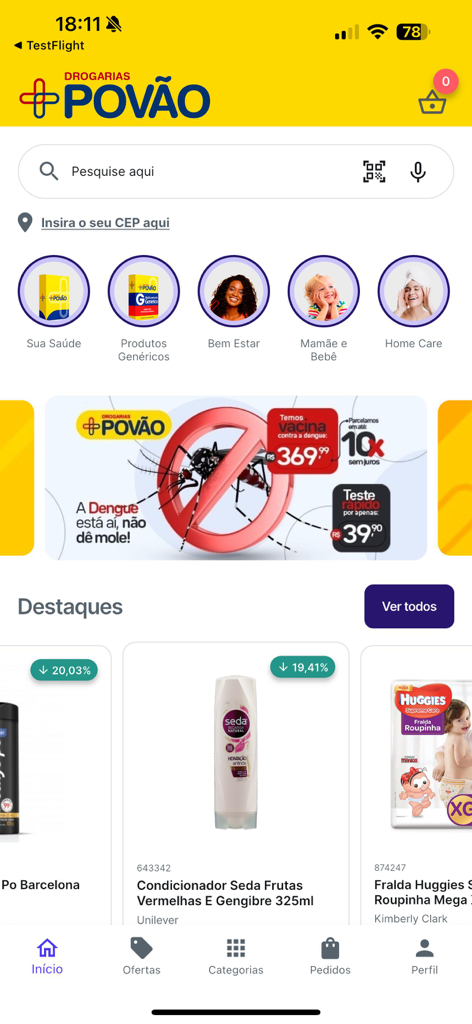 Drogarias Povão - Drogarias Povao mobile app home screen with health categories and product highlights.