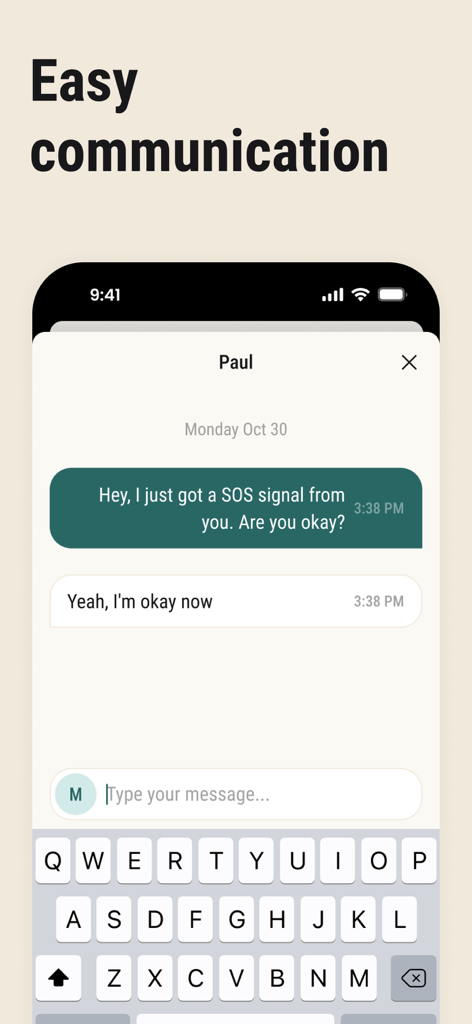 Chat dentro de la aplicación que muestra comunicación de seguridad después de una alerta de señal SOS