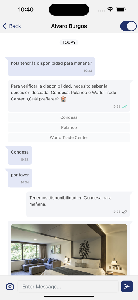 Visito AI chat interface showing an automated guest inquiry about room availability and property details