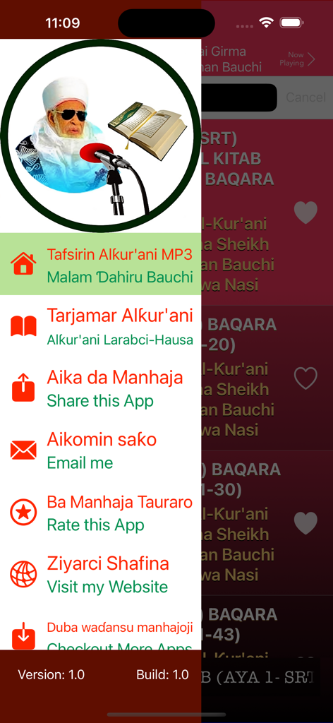 Tafsirin Hausa Ɗahiru Bauchi - Side navigation menu of the Tafsirin Hausa Dahiru Bauchi app featuring various options for listeners