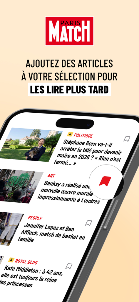 Paris Match app screen showing the my selection feature to save articles for later reading