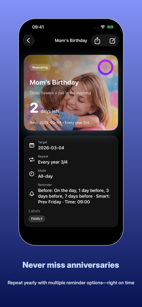 Daystreak: Countdown - Daystreak app screen displaying a yearly repeating birthday countdown with reminder options