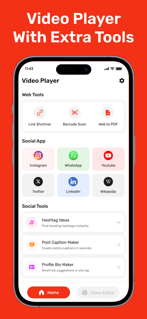 Ytd Video Downloader app home screen showing social media and utility tools