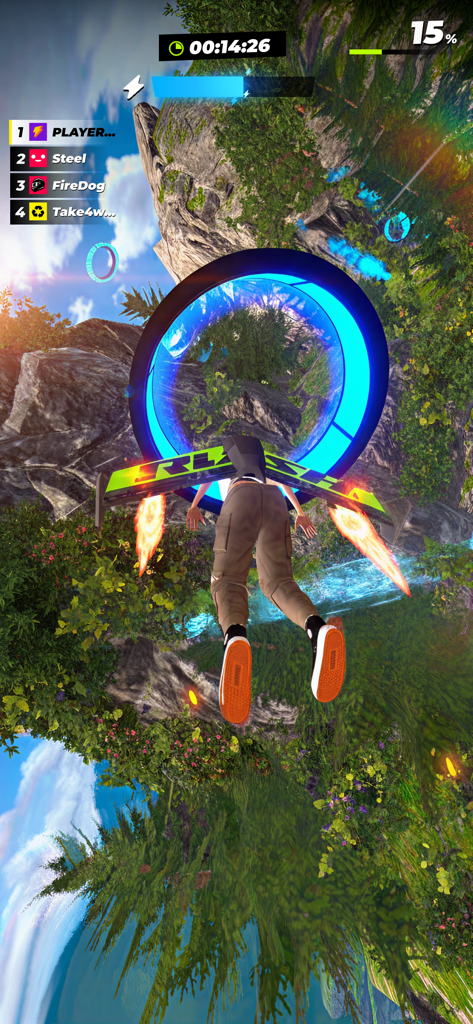 RUSH: Xtreme - Gameplay screenshot of RUSH Xtreme showing a character flying through a blue glowing ring with a jetpack