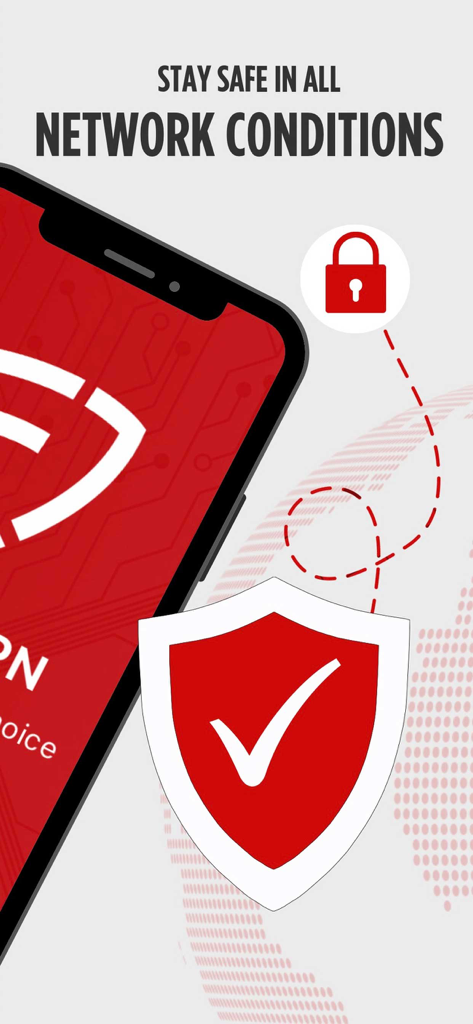 Final VPN app screenshot showing a security shield and lock icon for safe network connections