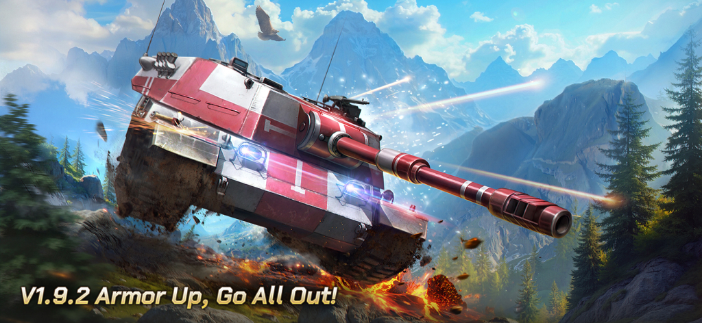 Tank Legion - Un tanque blindado rojo y blanco cargando a través de un paisaje montañoso rocoso en Tank Legion