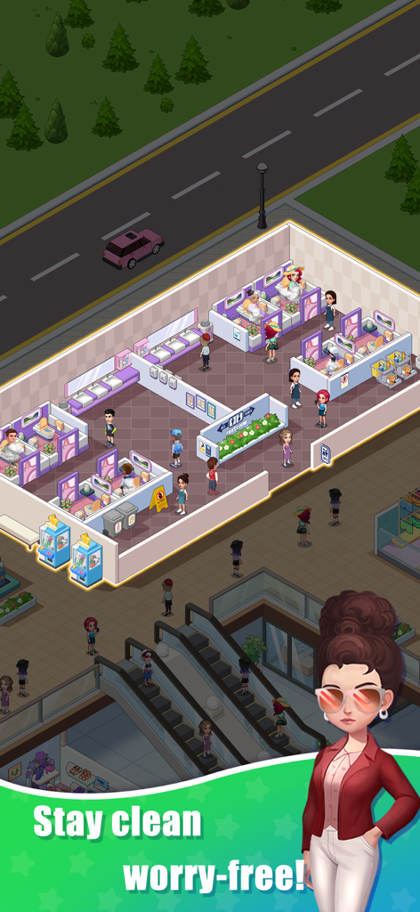 A high-end purple themed restroom facility in a shopping mall simulation game