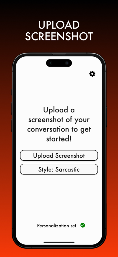 AURA: AI Texting Assistant - Interfaz de la aplicación AURA que muestra la función de subir captura de pantalla y la configuración del estilo de respuesta sarcástica.