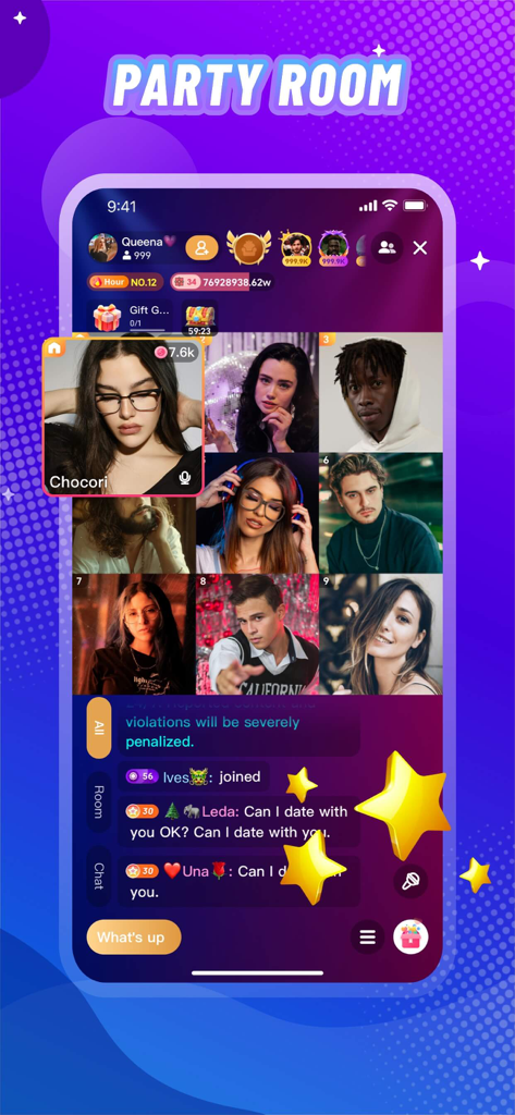Vone app interface showing a multi-user party room for live group video chat and interaction.