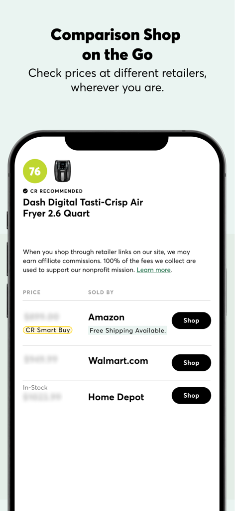Consumer Reports mobile app interface showing price comparisons for an air fryer across multiple online retailers.