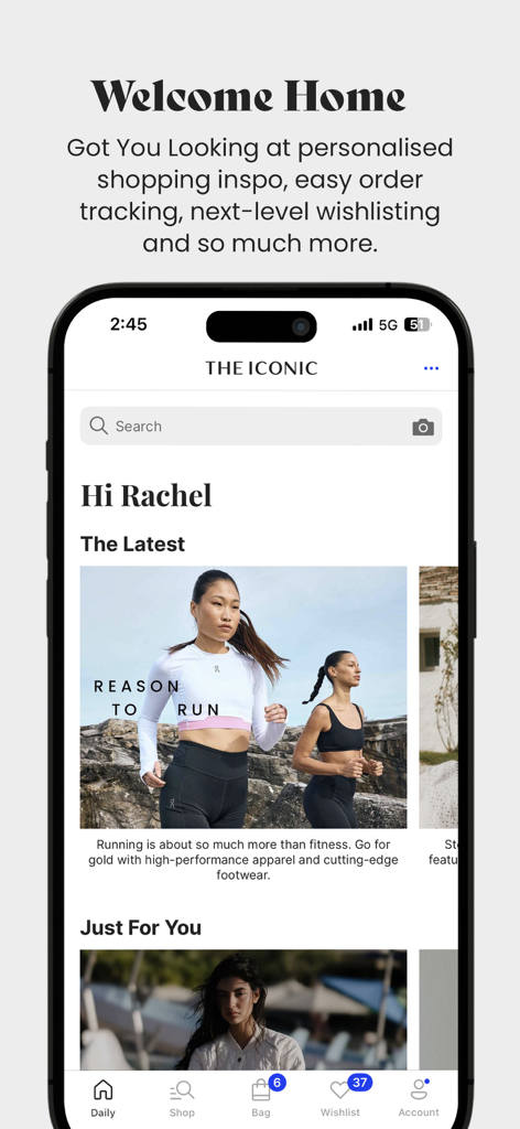 Ecrã inicial personalizado da app de compras de moda THE ICONIC, com tendências de moda selecionadas e menu de navegação.