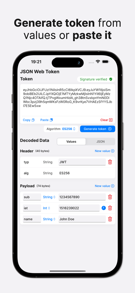 JSON Web Token - A mobile application interface for decoding and generating JSON Web Tokens with custom payloads on an iPhone