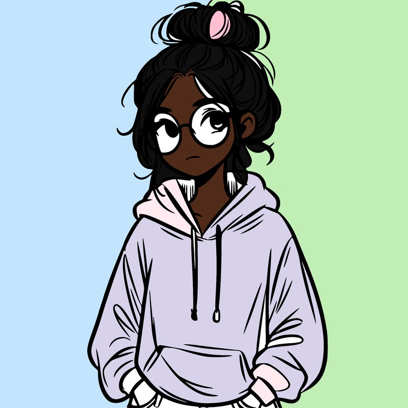 teen girl with a messy bun and glasses wearing a loose hoodie and jeans