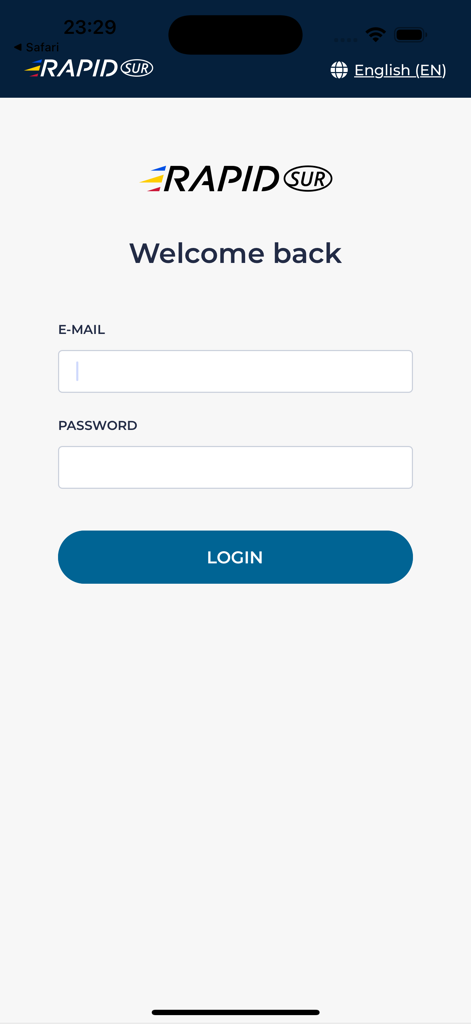 RapidSur - Login screen for the RapidSur package management app with fields for email and password