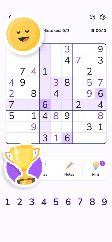 Sudoku: Classic Sudoku Puzzle⋆ - A clean 9x9 Sudoku grid on a mobile device showing a puzzle in progress with purple and black numbers.