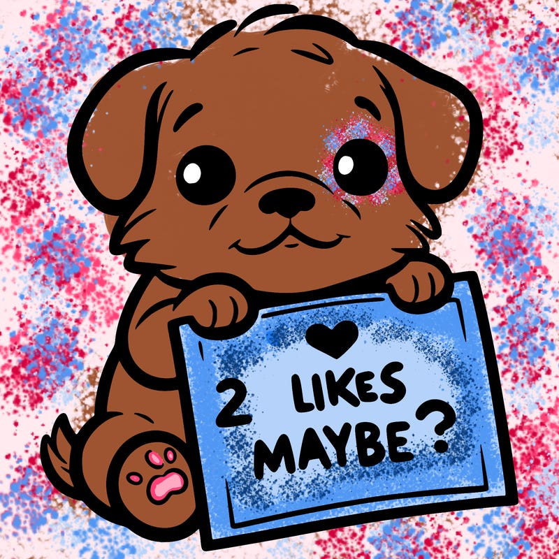 a puppy holding a sign that says 2 likes maybe?
