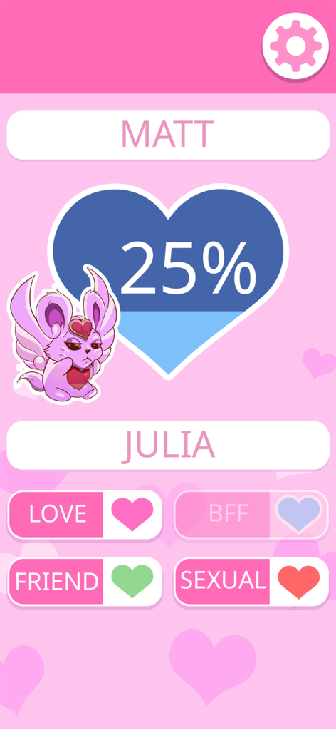 LOVE TEST - match calculator - Calculadora de prueba de amor que muestra un resultado de compatibilidad del 25 por ciento entre Matt y Julia