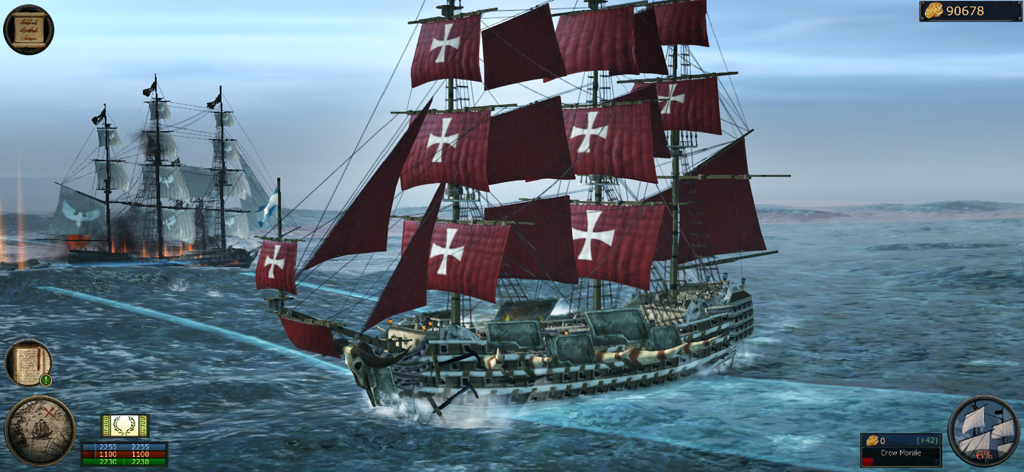 Tempest: Pirate RPG Premium - A pirate ship with red sails in a naval battle on the open sea