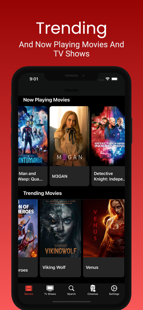 Screenshot of the Bflix movie tracker app showing a list of trending and now playing movies.