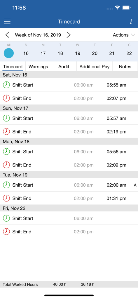 QC Time - QC Time app interface showing an employee timecard with scheduled and actual shift times
