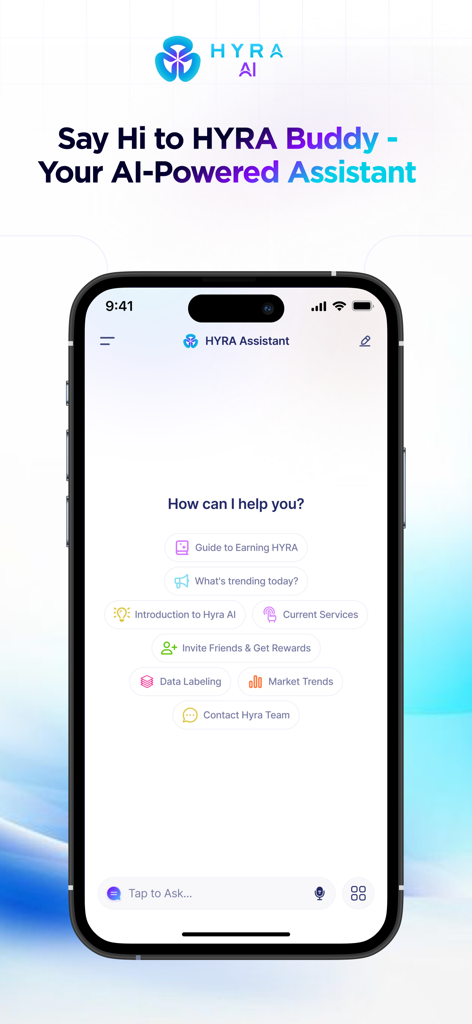 HYRA AI - AI on Edge Computing - HYRA AI app interface featuring the AI-powered HYRA Buddy assistant with various earning and information options.