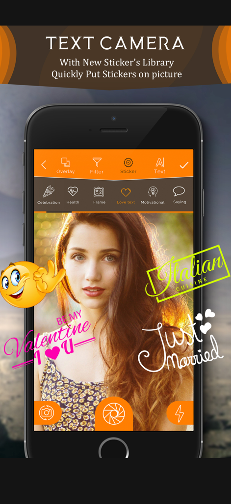 TextCamera Cam: Textify Studio - A smartphone screen displaying the TextCamera Cam app with text and sticker overlays on a portrait photo.