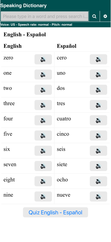 Speaking Dictionary - A list of English and Spanish numbers with audio icons in the Speaking Dictionary app.