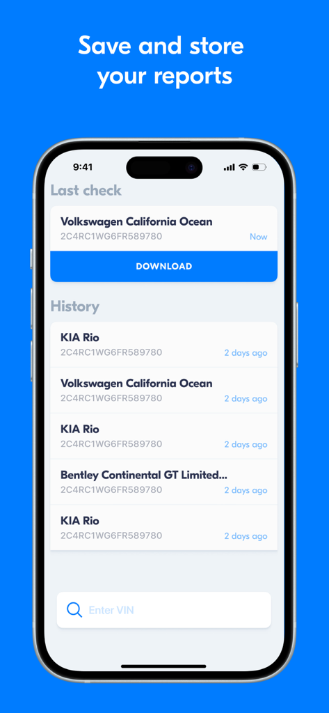Tela do iPhone exibindo o histórico de relatórios de veículos e uma barra de pesquisa para números VIN no aplicativo App Vin.