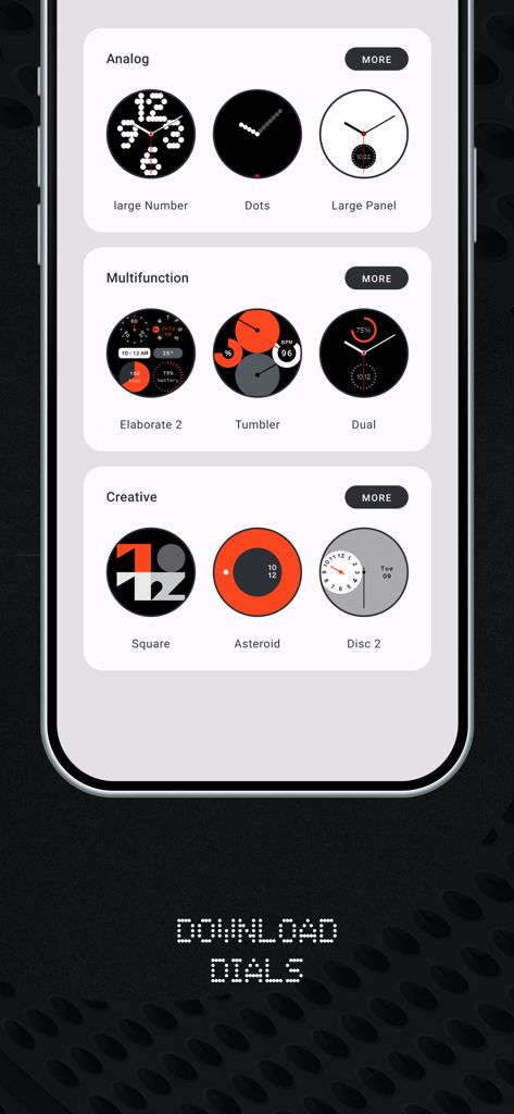CMF Watch app interface displaying a selection of analog, multifunction, and creative watch faces