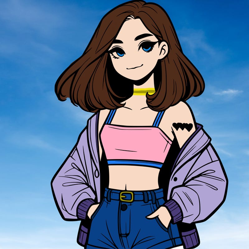 a realistic girl with a crop top and short shorts in an open jacket