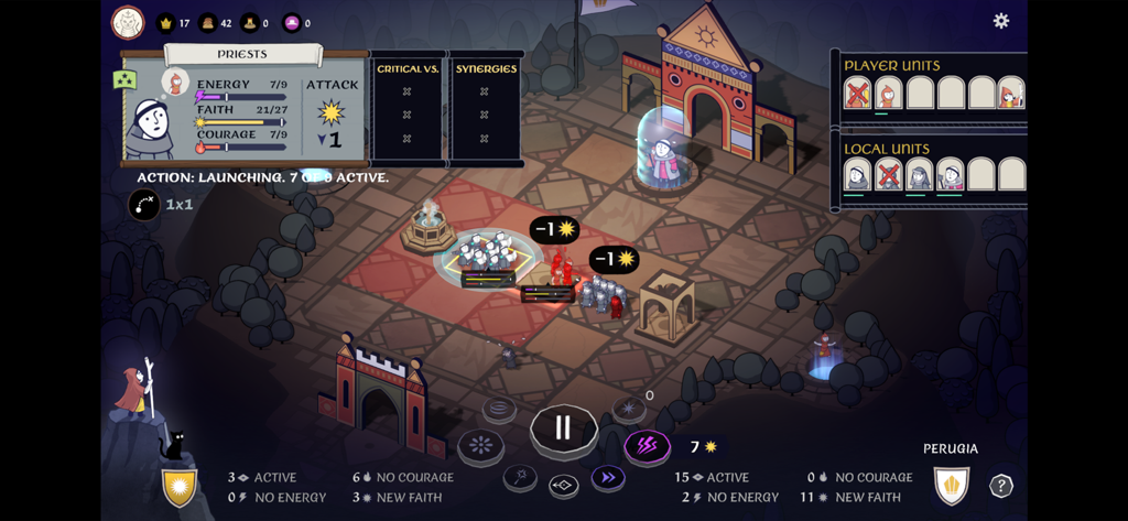 Becoming Saint - Tactical real-time battle screen in Becoming Saint showing unit stats and medieval combat in Perugia