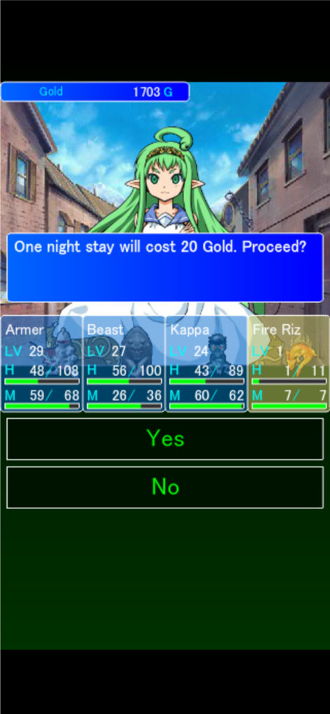 Monster Mate - A screenshot of Monster Mate game showing an elf character asking to stay at an inn for 20 gold with monster stats displayed below