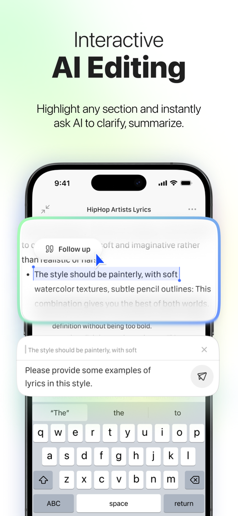 Recco: AI Note Taker - An iPhone screen displaying the Recco app interactive AI editing feature where a user highlights text to ask the AI for a follow-up clarification