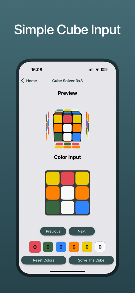 Rubix Cube Solver CubeXpert - Tela manual de entrada de cores para um solucionador de cubo de Rubik 3x3 no aplicativo CubeXpert