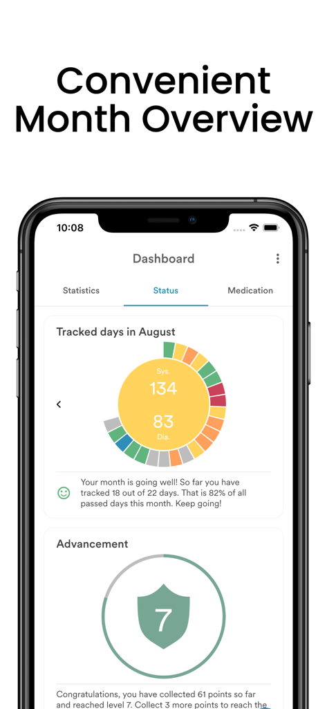 Blood Pressure Monitor: AVAX - Un panel de estado mensual en un smartphone que muestra el progreso del seguimiento de la presión arterial y las estadísticas del mes de agosto.