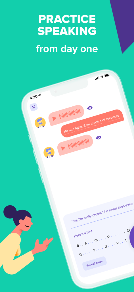 Speakly app interface showing an Italian conversation practice session with audio bubbles and speaking prompts