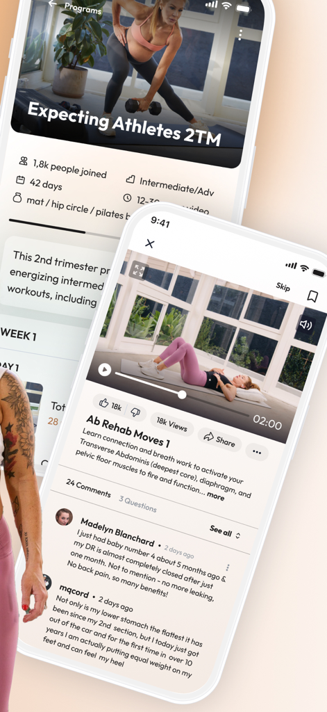Natal - Pregnancy & Postpartum - Natal app displaying pregnancy and postpartum fitness programs including ab rehab video and user testimonials