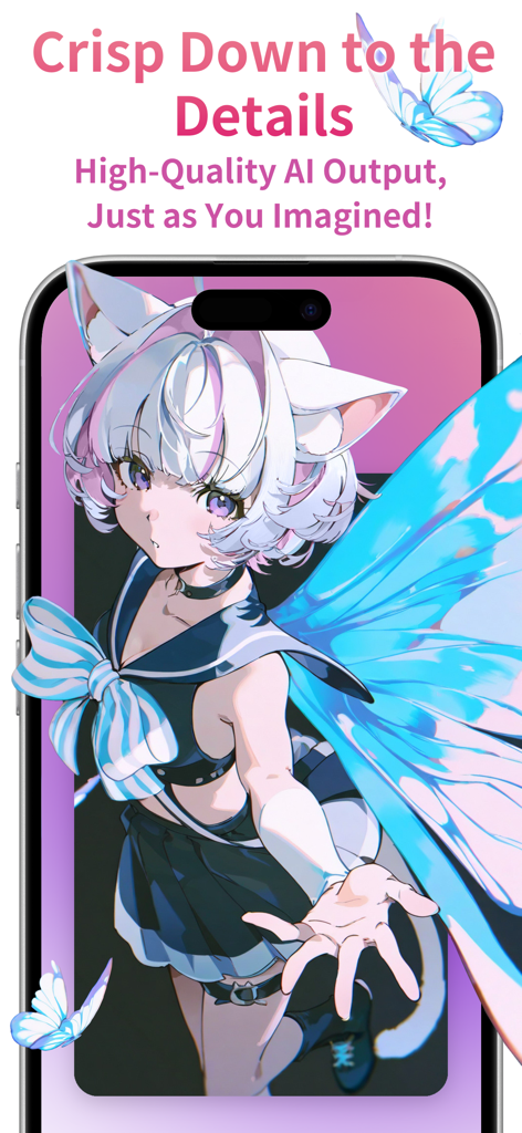 Smartphone screen displaying a high quality AI generated anime character with white cat ears and blue butterfly wings
