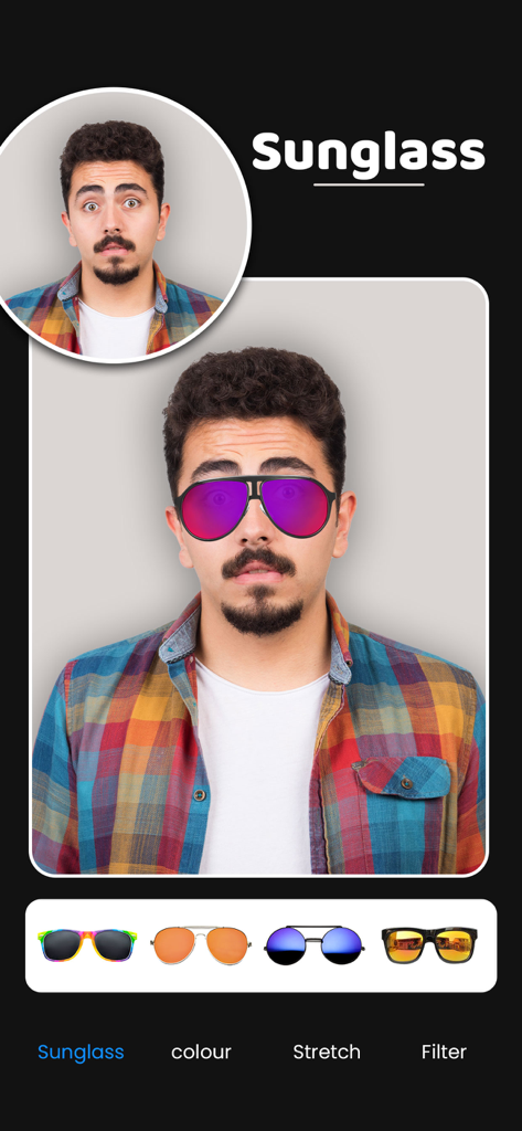 Man Hair Style Editor : Smarty - A man using the Smarty app to virtually try on different styles of sunglasses