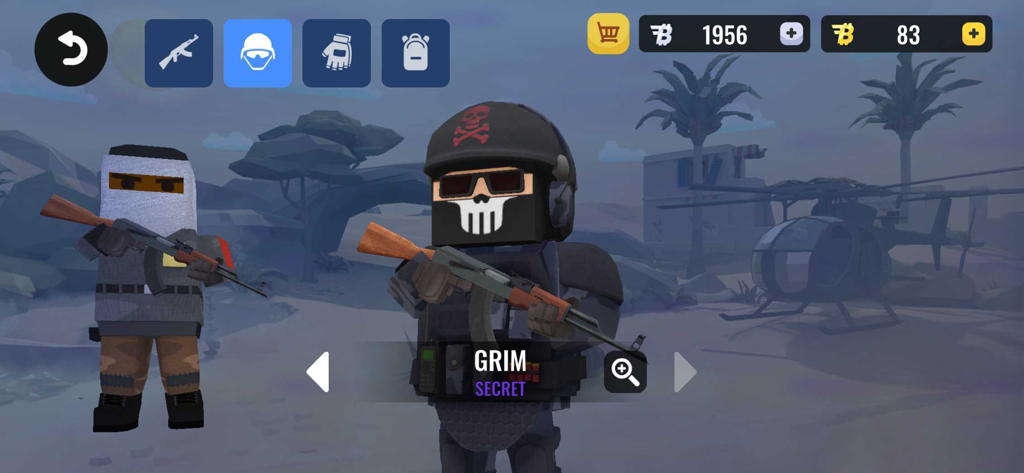 BLOCKFIELD: FPS Pixel Shooter - Menú de personalización de personajes en BLOCKFIELD que muestra soldados voxel y armas