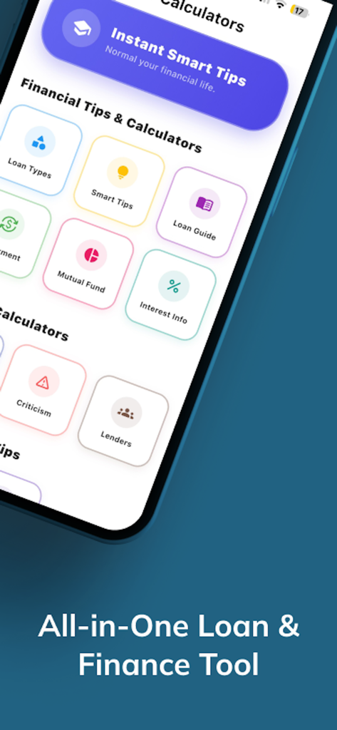 Instant Loan Calc : Planner - Panel de control de la aplicación Calculadora de Préstamos Instantáneos: Planificador mostrando herramientas y calculadoras financieras.
