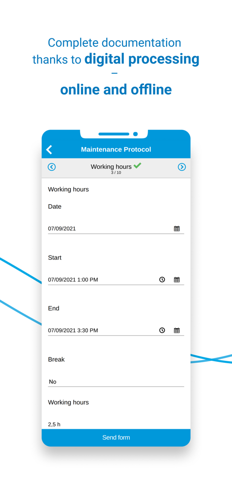 Interface of the VCOM OM app showing a digital maintenance protocol form for logging working hours
