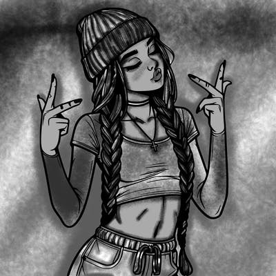 realistic teenage girl with braids and a beanie and crop top doing 🫶🏼